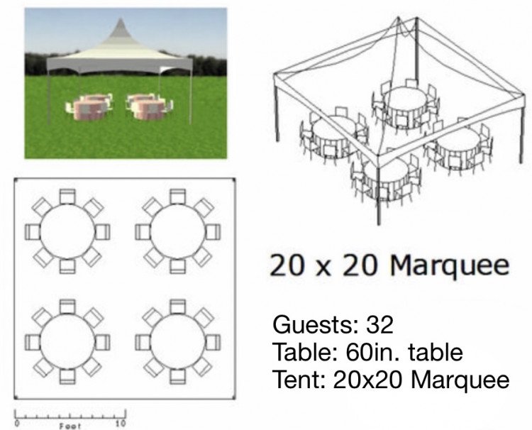 Package #1-A 20x20 Tent w/ round tables (32 people)